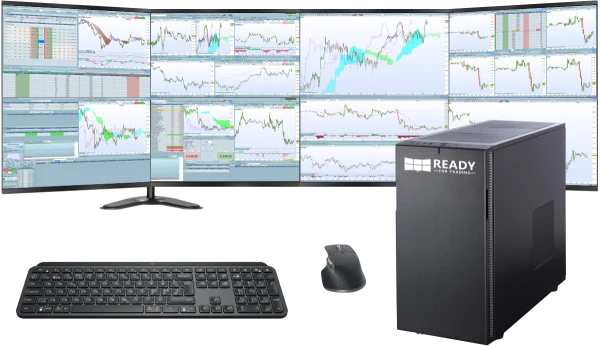 Station de trading Élite avec 8 écrans, unité centrale, clavier, souris, onduleur, support écran Station de trading Élite avec 8 écrans, unité centrale, clavier, souris, onduleur, support écran