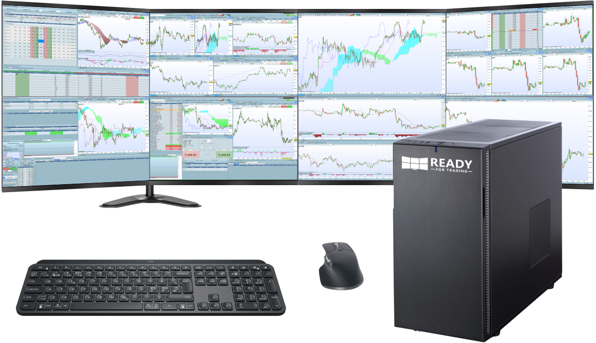 Station de trading Élite avec 8 écrans, unité centrale, clavier, souris, onduleur, support écran