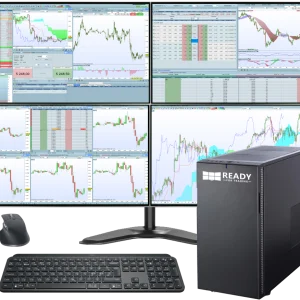 Station de trading Essentiel Pro avec 4 écrans, unité centrale, clavier, souris, onduleur, support écran