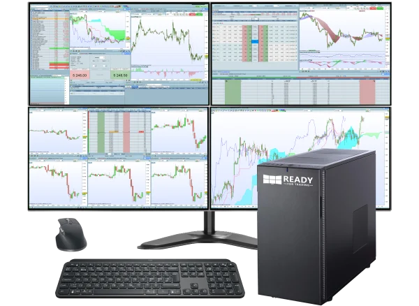 Station de trading Essentiel Pro avec 4 écrans, unité centrale, clavier, souris, onduleur, support écran Station de trading Essentiel Pro avec 4 écrans, unité centrale, clavier, souris, onduleur, support écran