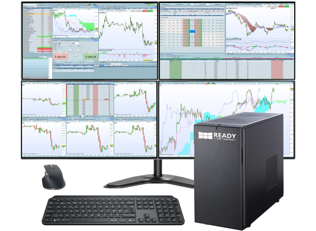 Station de trading Essentiel Pro avec 4 écrans, unité centrale, clavier, souris, onduleur, support écran