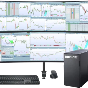 Station de trading Immersive Ultrawide avec 2 écrans, unité centrale, clavier, souris, onduleur, support écran