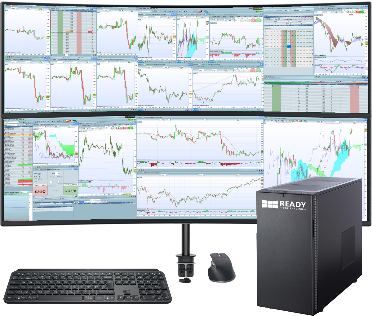 Station de trading Immersive Ultrawide avec 2 écrans, unité centrale, clavier, souris, onduleur, support écran