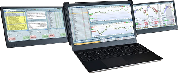 Station de trading Élite avec 1 pc portable + 2 écrans, unité centrale, clavier, souris, onduleur, support écran Station de trading Nomade Pro avec 1 pc portable + 2 écrans, unité centrale, clavier, souris, onduleur, support écran