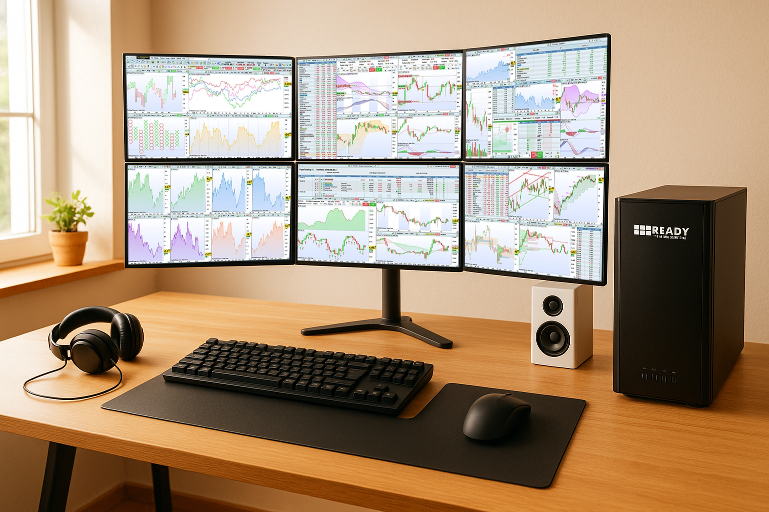 Station de trading Trader Pro avec 6 écrans, unité centrale, clavier, souris, onduleur, support écran Station de trading Trader Pro avec 6 écrans, unité centrale, clavier, souris, onduleur, support écran