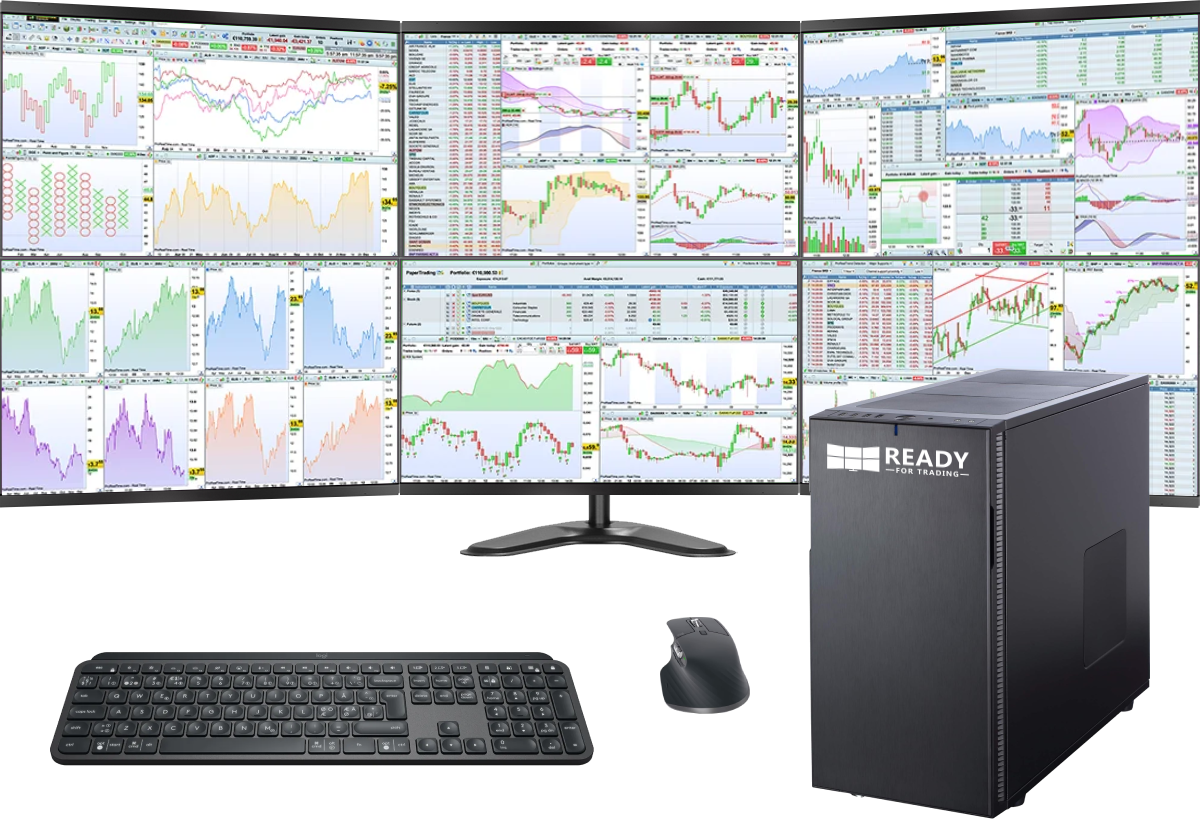 Station de trading Trader Pro avec 6 écrans, unité centrale, clavier, souris, onduleur, support écran