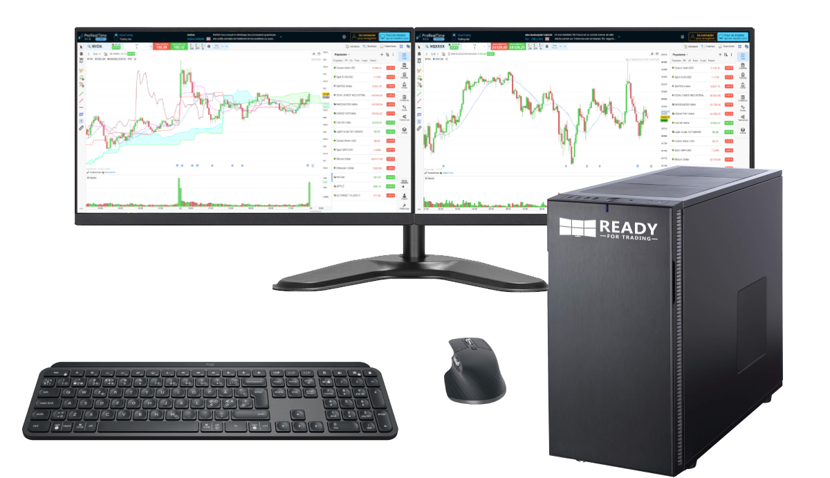Station de trading Essentiel Pro Bronze avec 2 écrans, unité centrale, clavier, souris, onduleur