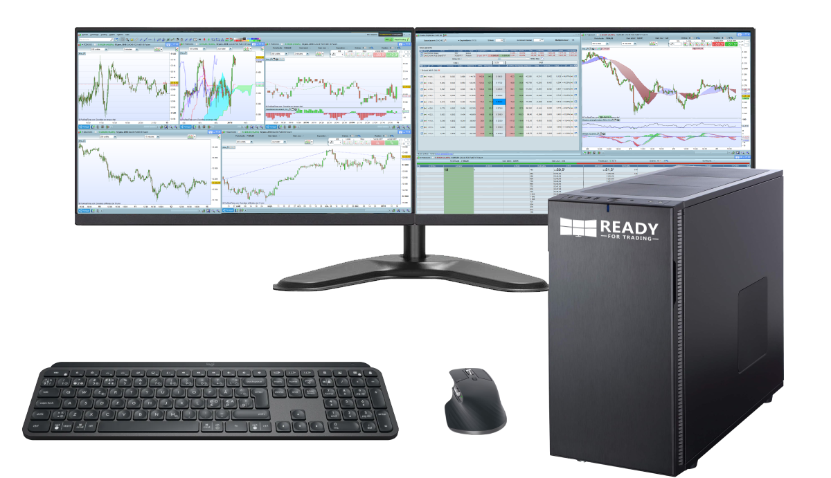 Station de trading Essentiel Pro Bronze avec 2 écrans, unité centrale, clavier, souris, onduleur