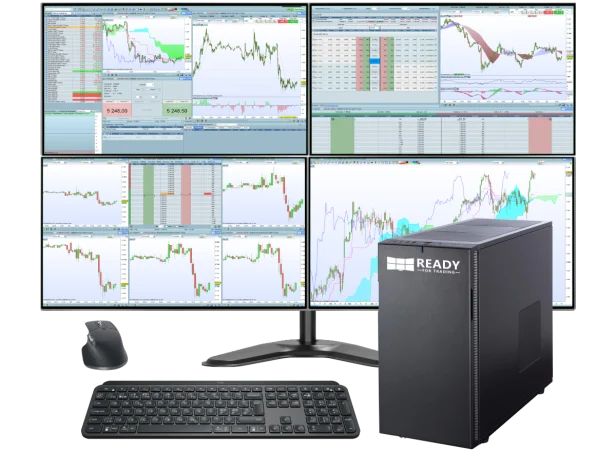 Station de trading Essentiel Pro avec 4 écrans, unité centrale, clavier, souris, onduleur, support écran