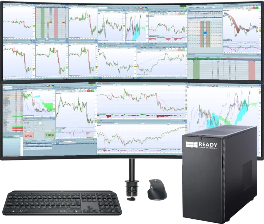 Station de trading Immersive Ultrawide avec 2 écrans, unité centrale, clavier, souris, onduleur, support écran