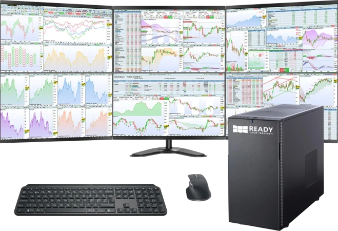Station de trading Trader Pro avec 6 écrans, unité centrale, clavier, souris, onduleur, support écran