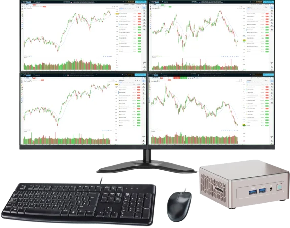 Station de trading Compact : 4 écrans 24 pouces, mini PC, clavier et souris
